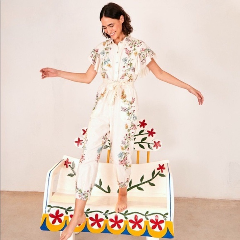 Farm RIO Anthropologie White cotton colorful embroidery ruffle sleeves S Louise